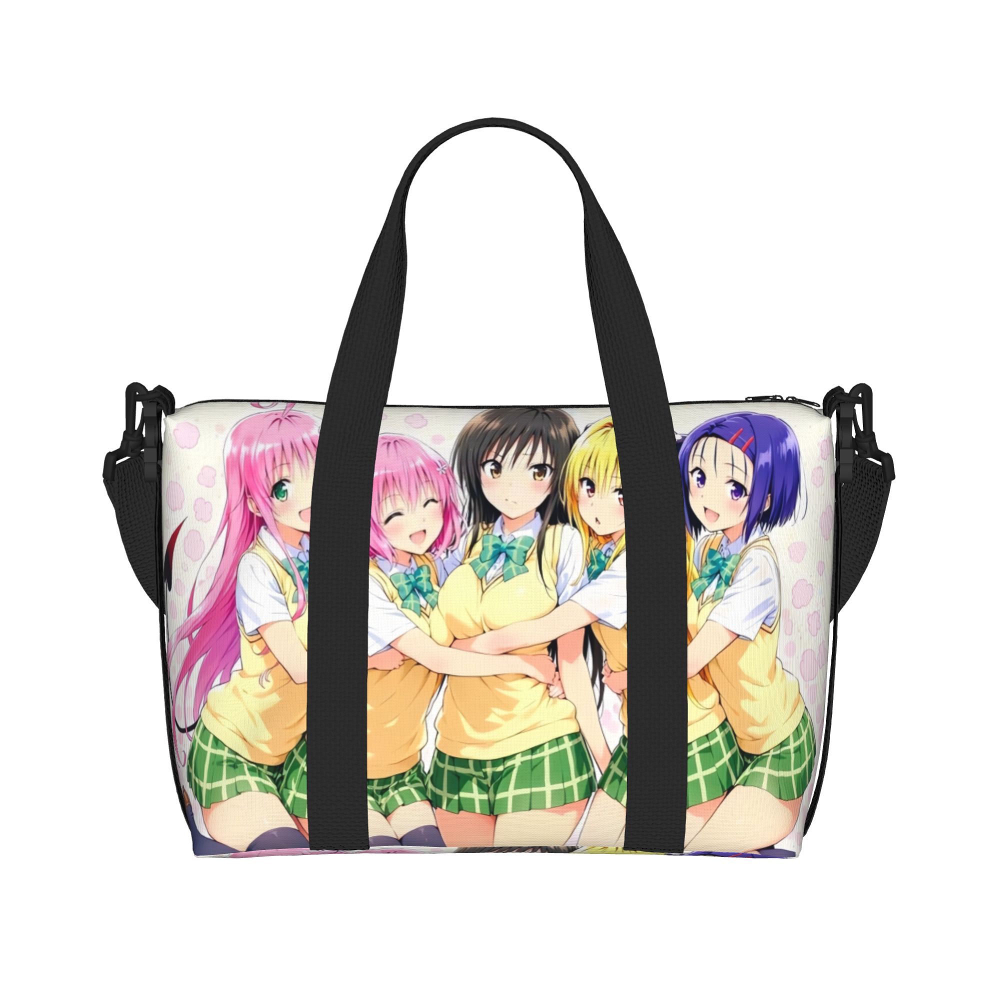 Women Bags Ru - カスタムデザインの大型トートバッグ。T-To L-Love R-Ruのロゴ入り。女性向け、アニメ柄、ショッピング、ジム、ビーチ、旅行用。
