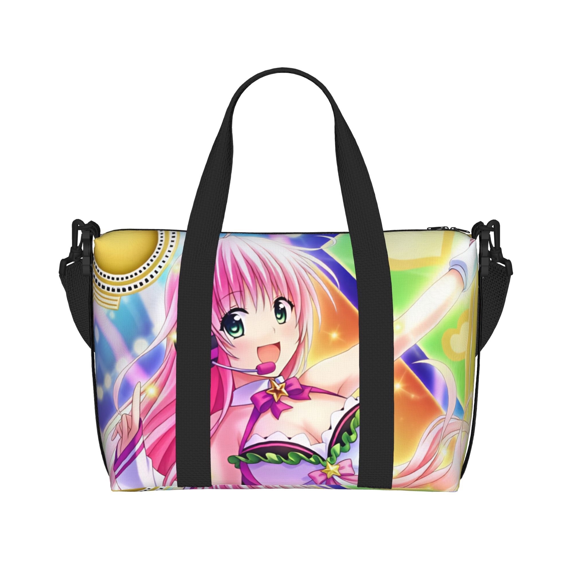Women Bags Ru - カスタムデザインの「Lala Satalin Deviluke T-To L-Love R-Ru」柄のトートバッグ。女性向け、大容量、アニメ柄、ジムやビーチ、旅行に最適。