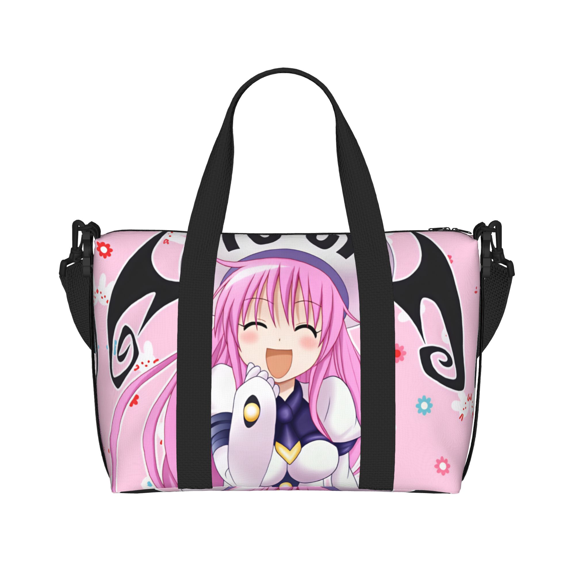 Women Bags Ru - カスタムデザインの「Lala Satalin Deviluke T-To L-Love R-Ru」柄のトートバッグ。大容量で、女性向け。アニメ柄で、ビーチやジム、旅行などにも使える。