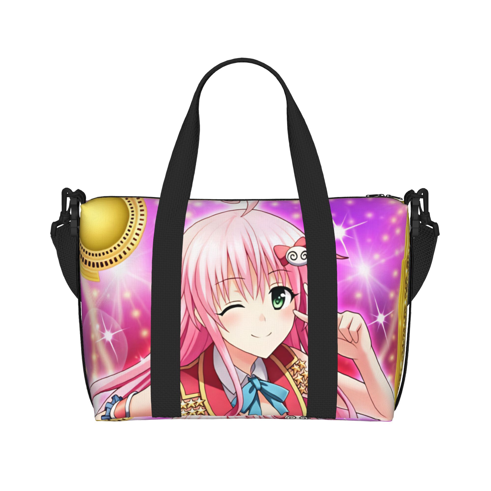 Women Bags Ru - カスタムデザインの「Lala Satalin Deviluke T-To L-Love R-Ru」柄のトートバッグ。女性向け、大容量、アニメ柄、ジムやビーチ、旅行に最適。
