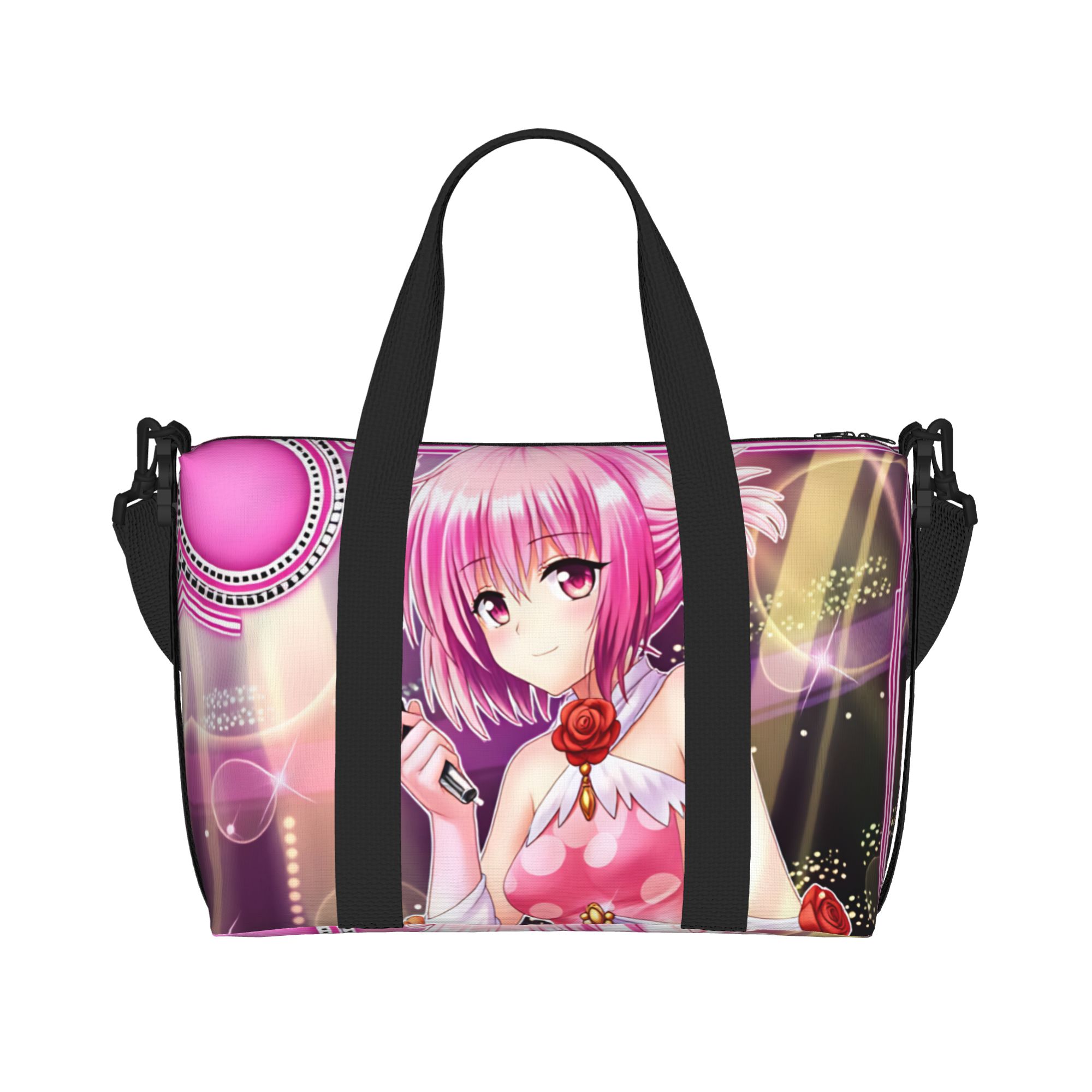 Women Bags Ru - カスタムデザインの「Momo Belia Deviluke T-To L-Love R-Ru」ビーチトートバッグ。女性向け、アニメ柄、大容量、ビーチやジム、旅行に最適。