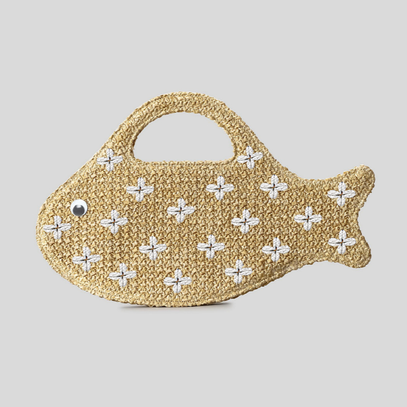 刺繍入りフィッシュラフィアストローハンドバッグ、エレガントな - Women'S Raffia Bags のレビューと価格