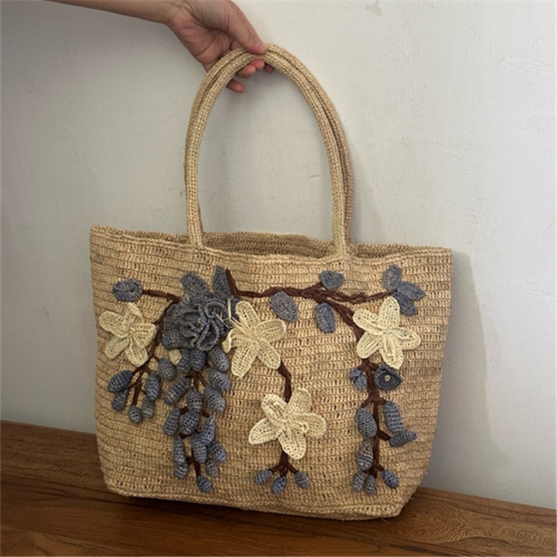 新しい手作りラフィア3Dローズハンドバッグ、手編みフックビー - Women'S Raffia Bags のレビューと価格